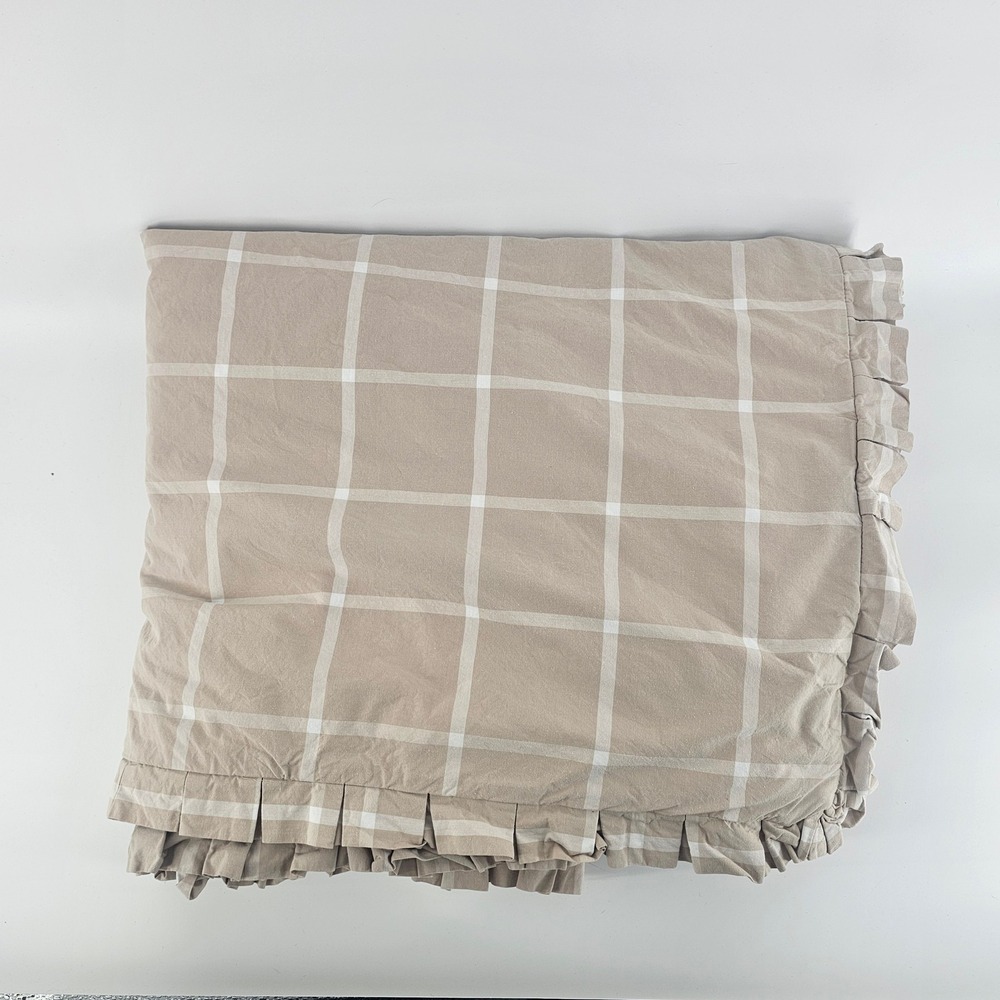Ballard Designs Duvet Cover King Tan White Windowpane Ruffle Farm House Cottage